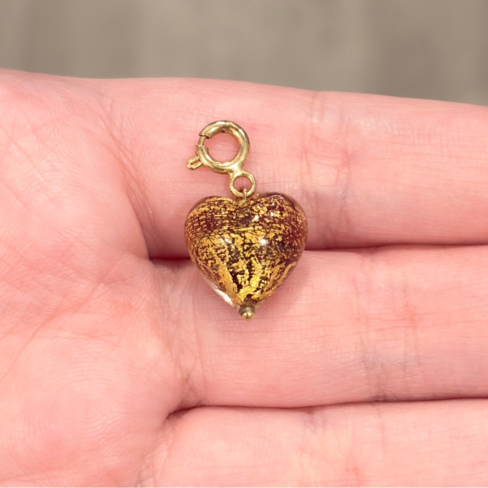14K Murano Glass Heart Charm, Yellow Gold Pendant, Dainty Petite, Red Gold Bead - Picture 4 of 13